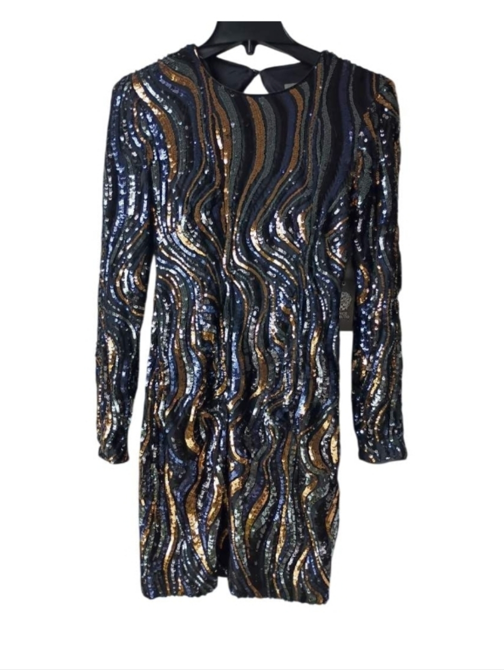 Vince Camuto Navy and Gold Long Sleeve Sequin Wave Dress